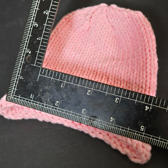 Handmade Knit Pink Rolled Brim Beanie Hat Wool Blend For Baby Girl Doll Bear - Picture 3 of 5